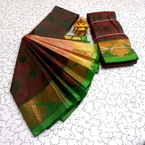 Maroonish Brown with Green & Gold Silk Saree